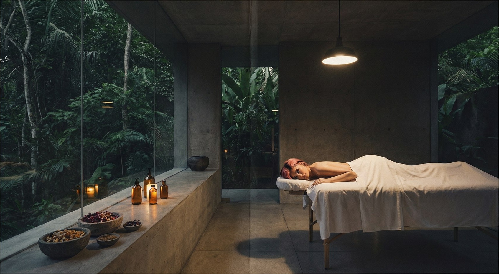 In-villa spa treatment room opening onto the jungle