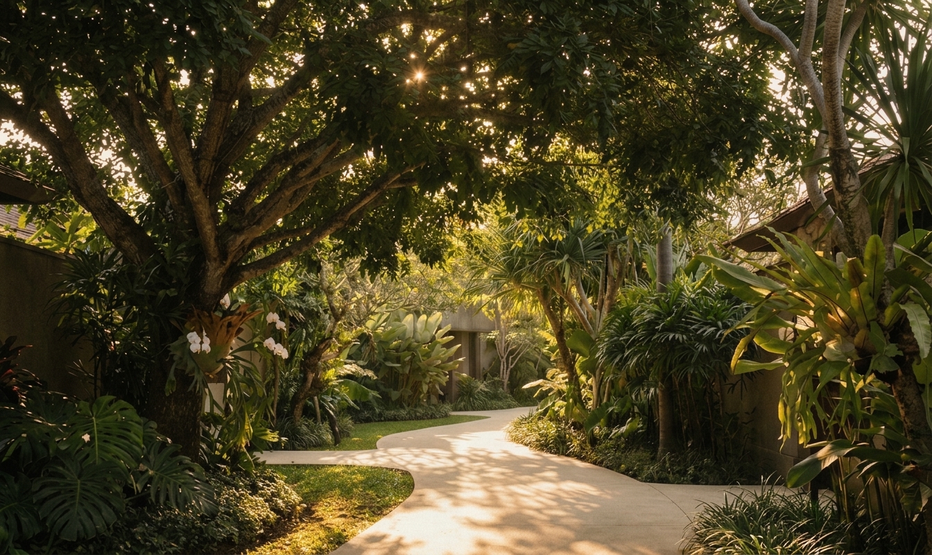 Stone pathway winding through a private tropical garden